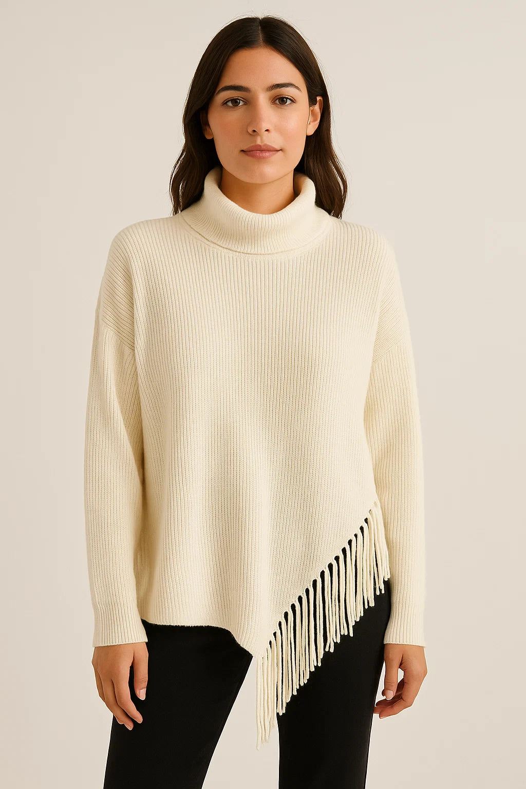 jersey de punto cuello vuelto y flecos