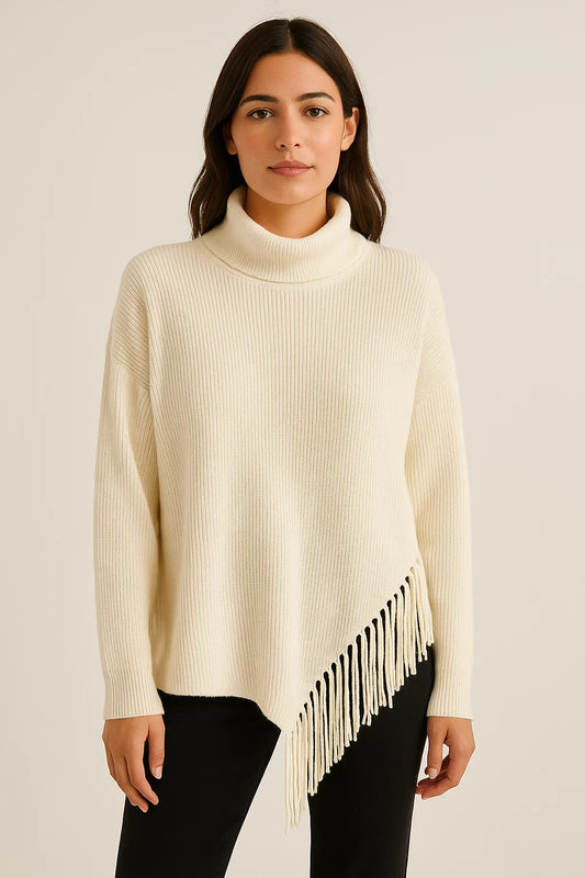 jersey de punto cuello vuelto y flecos